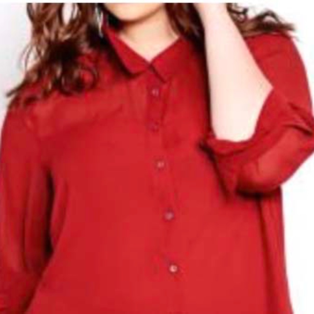 TUNIC, CHIFFON, SANGRIA (Red), SIZE 24, LONG BUTTON SLEEVES, BUTTON FRONT, POLYE